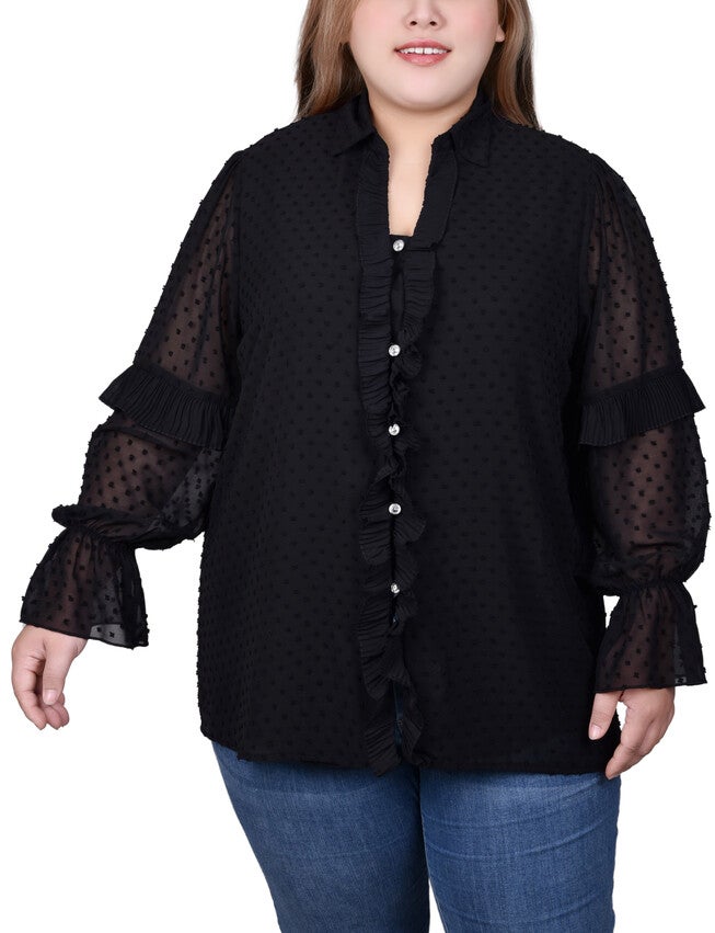 Long Sleeve Dotted Chiffon Blouse, Black, hi-res image number 0