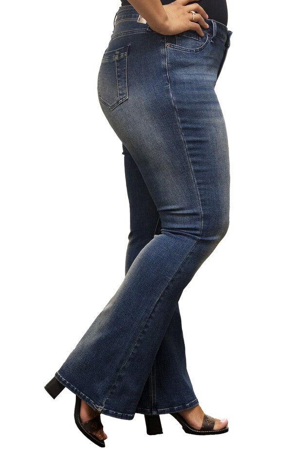 Plus Size Women's Curvy Fit Stretch Denim Distressed Flare Jeans, , alternate image number null
