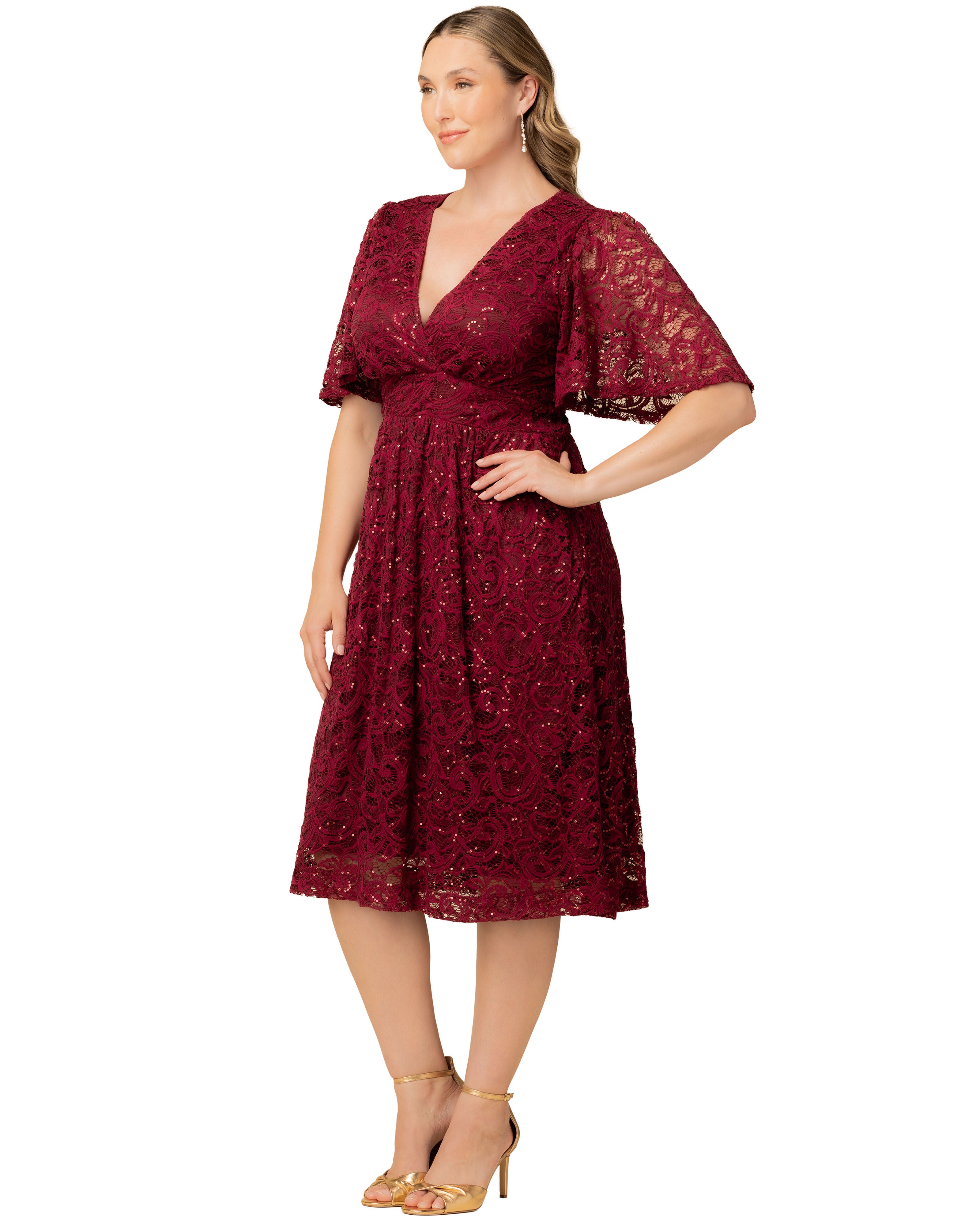 Starry Sequin Lace Cocktail Dress, PINOT NOIR / Burgundy, alternate image number 3