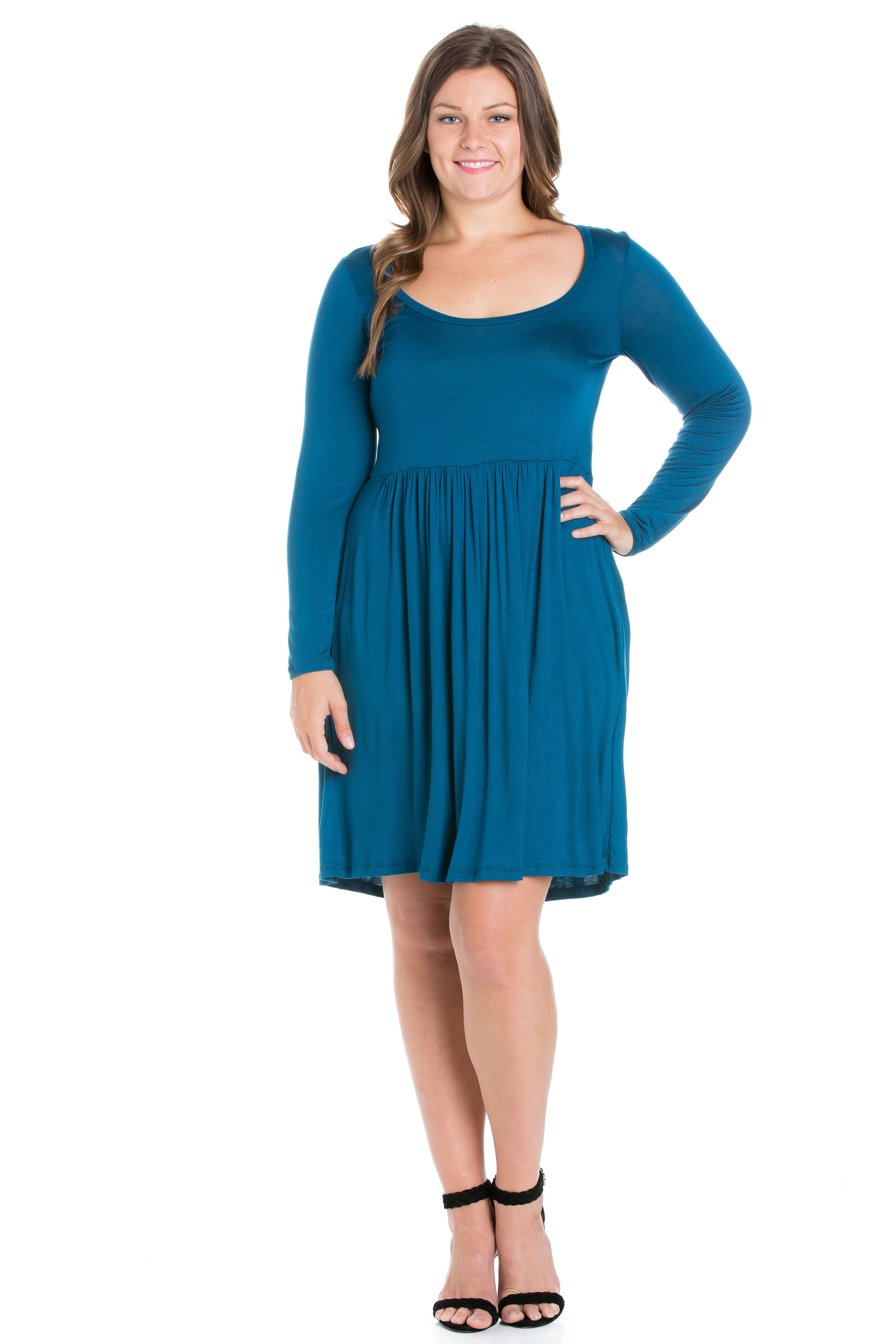 Casual Long Sleeve Pleated Plus Size Dress, Teal, hi-res image number 0