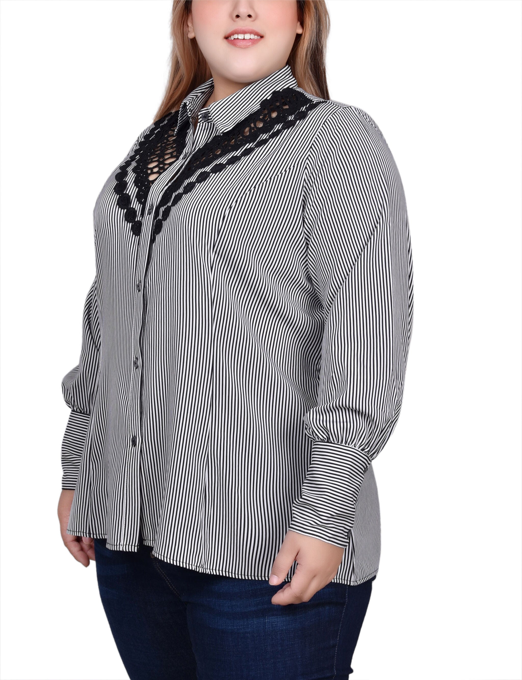 Long Sleeve Crochet Trimmed Blouse, White Black Stripe / white, alternate image number 3