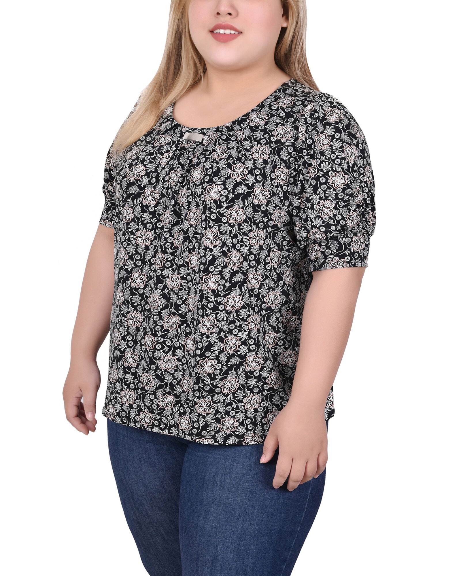 Short Sleeve Balloon Sleeve Top, Black Ivory Taupe Floral, alternate image number 1