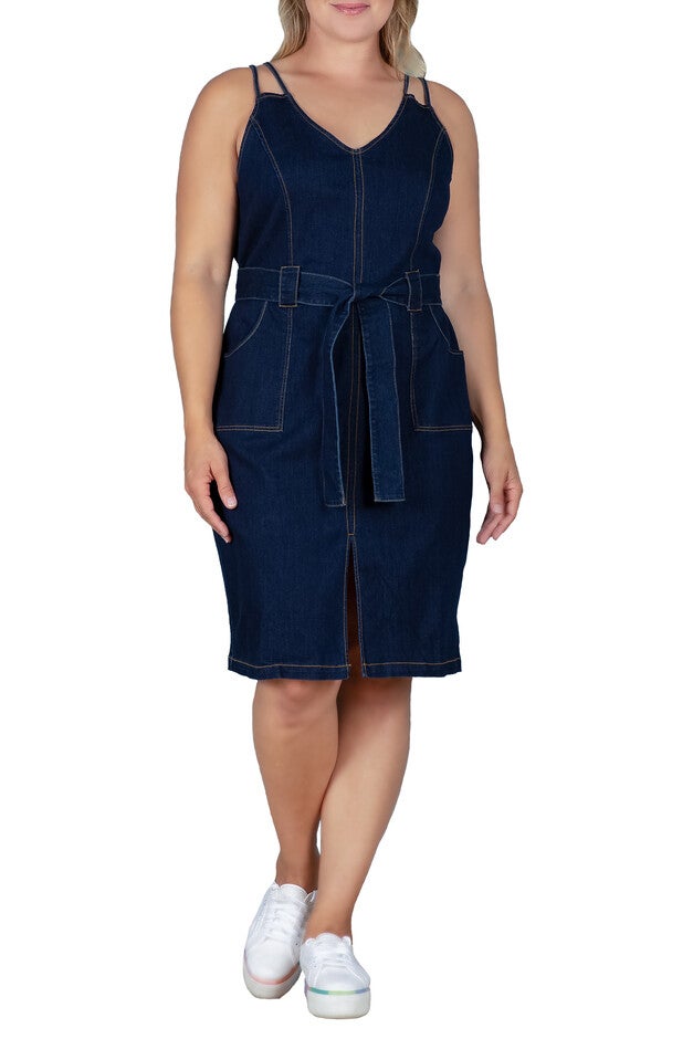 plus size denim midi dress Mid Wash KarenMillen Plus Size Stretch Denim Tab Belt Detail Midi Dress