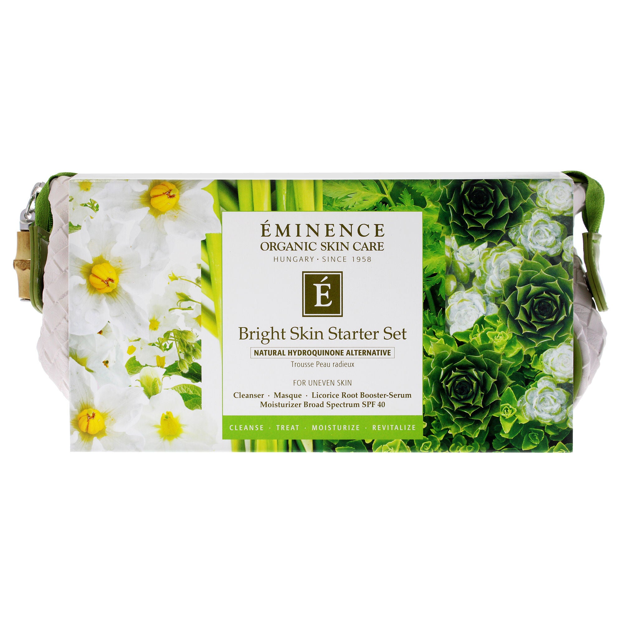 Bright Skin Starter Set by Eminence for Unisex - 5 Pc 1oz Bright Skin Cleanser, 0.5oz Bright Skin Masque, 0.5oz Bright Skin Licorice Root Booster-Serum, 0.5oz Bright Skin Moisturizer SPF 40, Cosmetic Bag, Multi, alternate image number 4