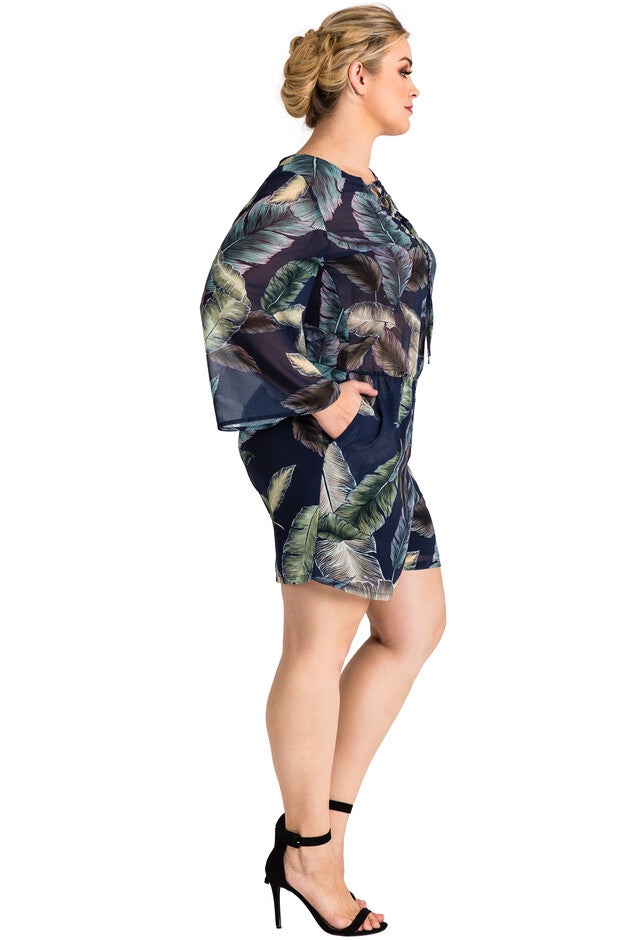 Plus Size Women's Tropical Leaf Bell Sleeve Lace-Up Romper, , alternate image number null