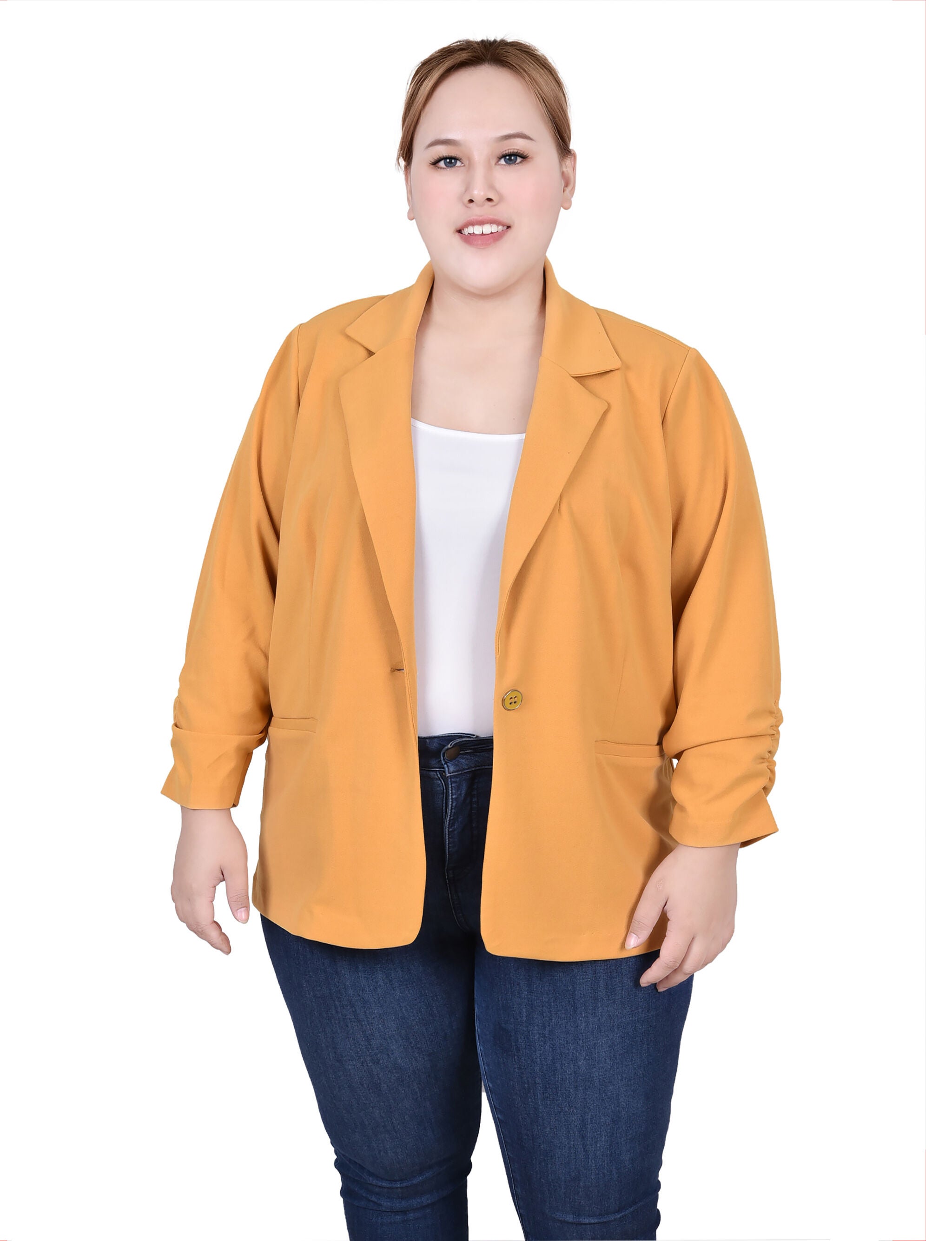 Plus Size Long Sleeve Scuba Crepe Jacket, Tinsel / yellow, hi-res image number 0