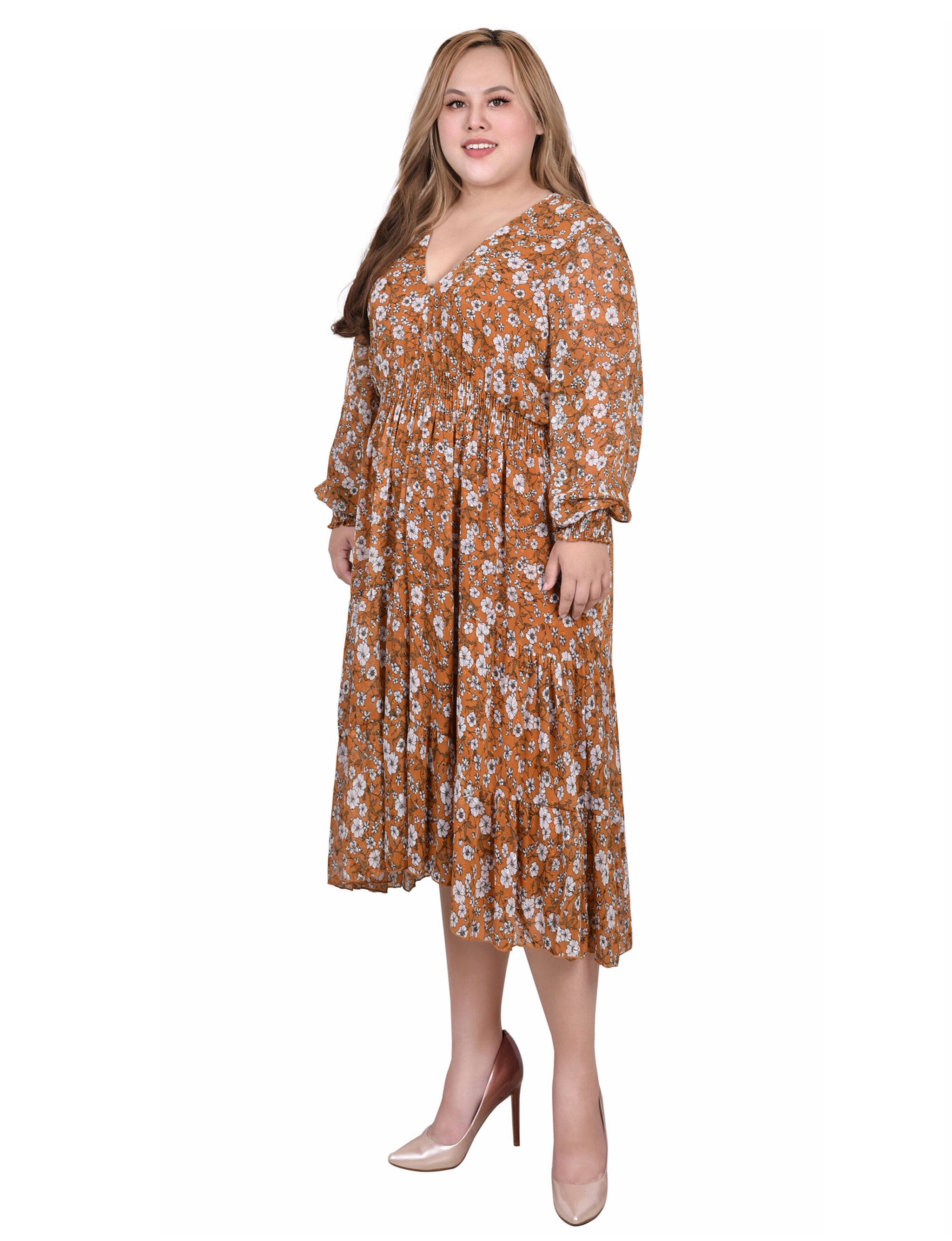 Long Sleeve Clip Dot Chiffon Dress With Smocked Waist and Cuffs, , alternate image number 2