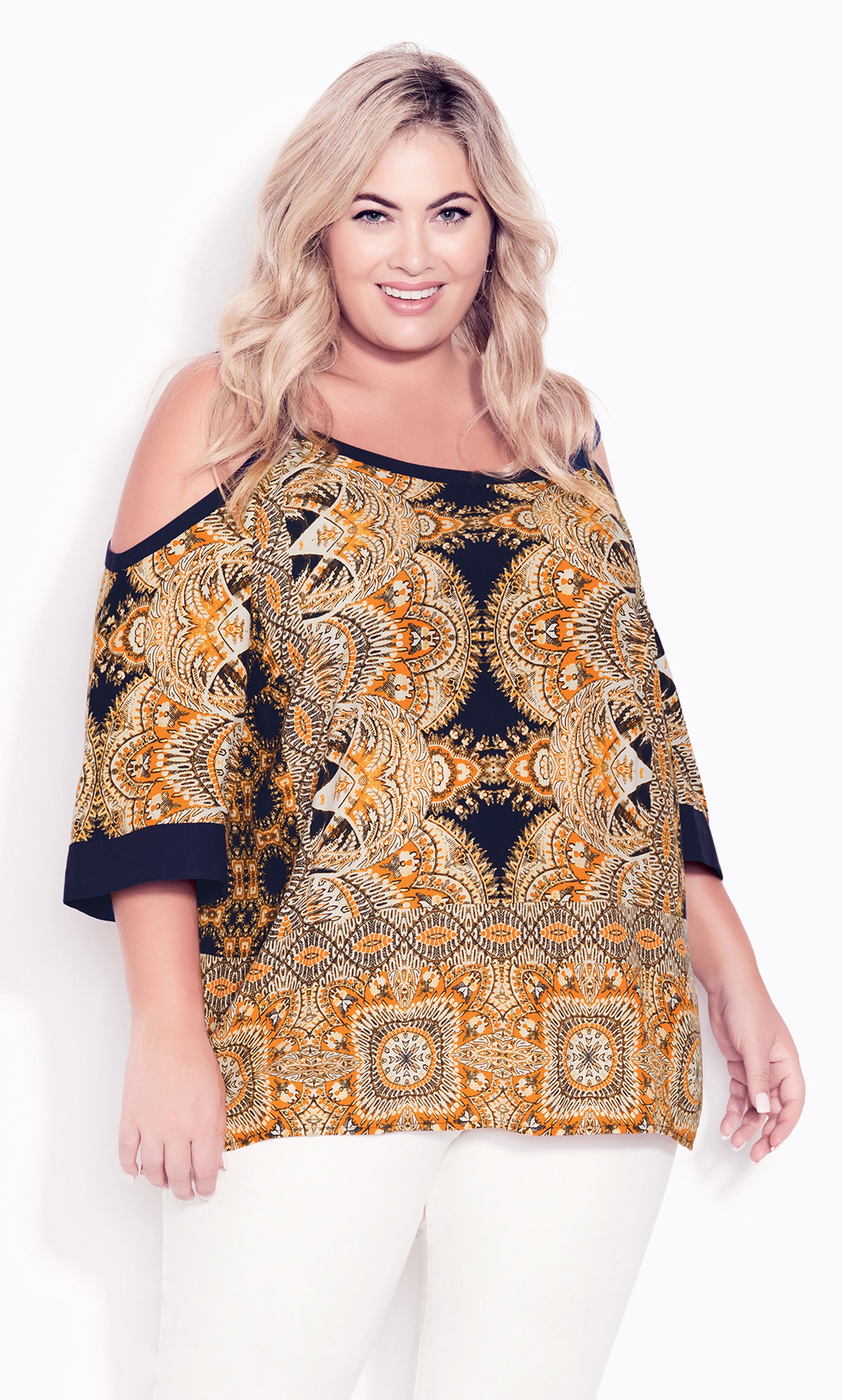 Daisy Cold Shoulder Border Top - gold, Orange, hi-res image number 0