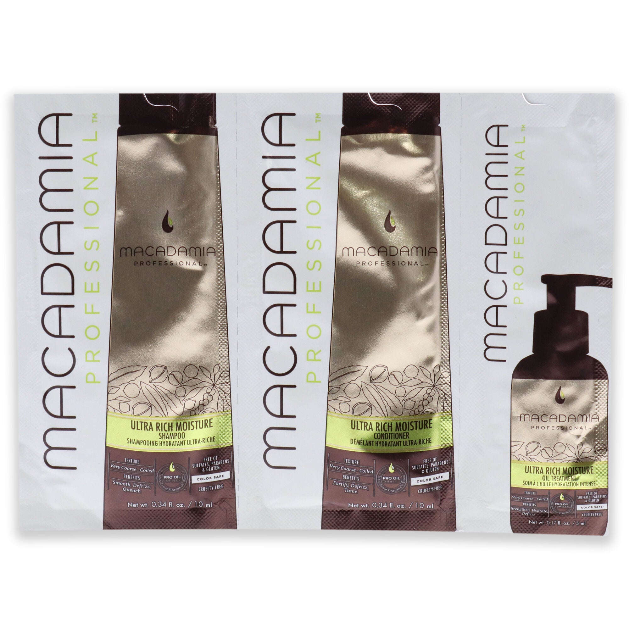 Professional Ultra Rich Moisture Set by Macadamia Oil for Unisex - 3 Pc Kit 0.34oz Shampoo, 0.34oz Conditioner, 0.17oz Oil Treatment, See Description, hi-res image number 0