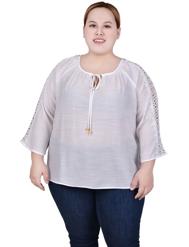 3/4 Sleeve Crochet Detail Blouse, White, hi-res image number null