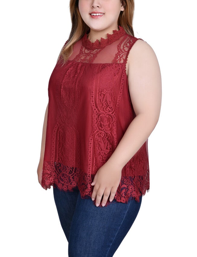 Sleeveless Mock Neck Lace Top, Rose Wood, alternate image number 2