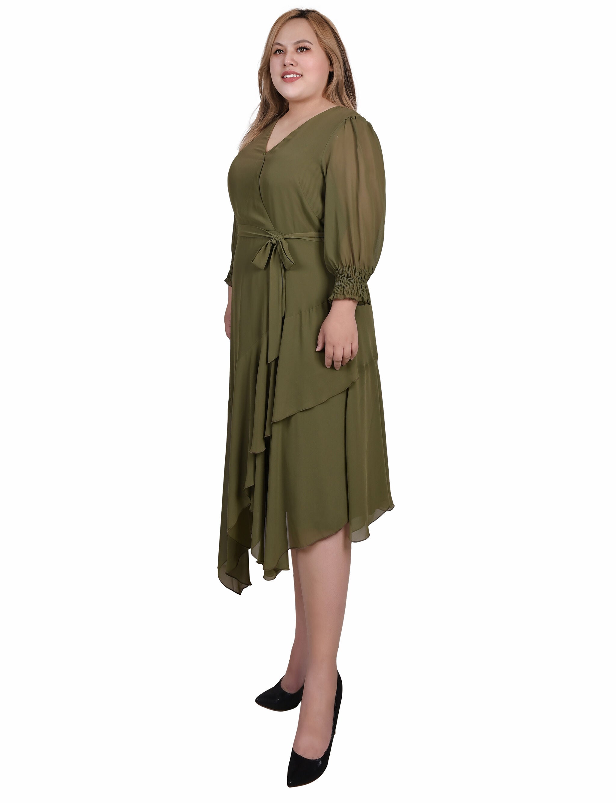 3/4 Sleeve Belted Chiffon Hankerchief Hem Dress, , alternate image number 4