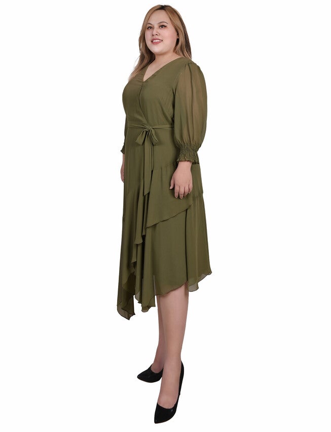 3/4 Sleeve Belted Chiffon Hankerchief Hem Dress, , alternate image number 4