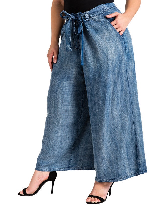 Plus Size Sophi Tencel Denim Cropped Palazzo Pants, Blue 3091 / Medium Wash, hi-res image number 0