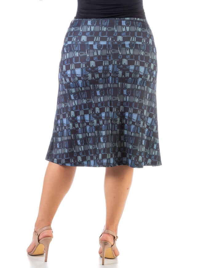 Grey Abstract Elastic Waist Plus Size Knee Length Skirt, , alternate image number null