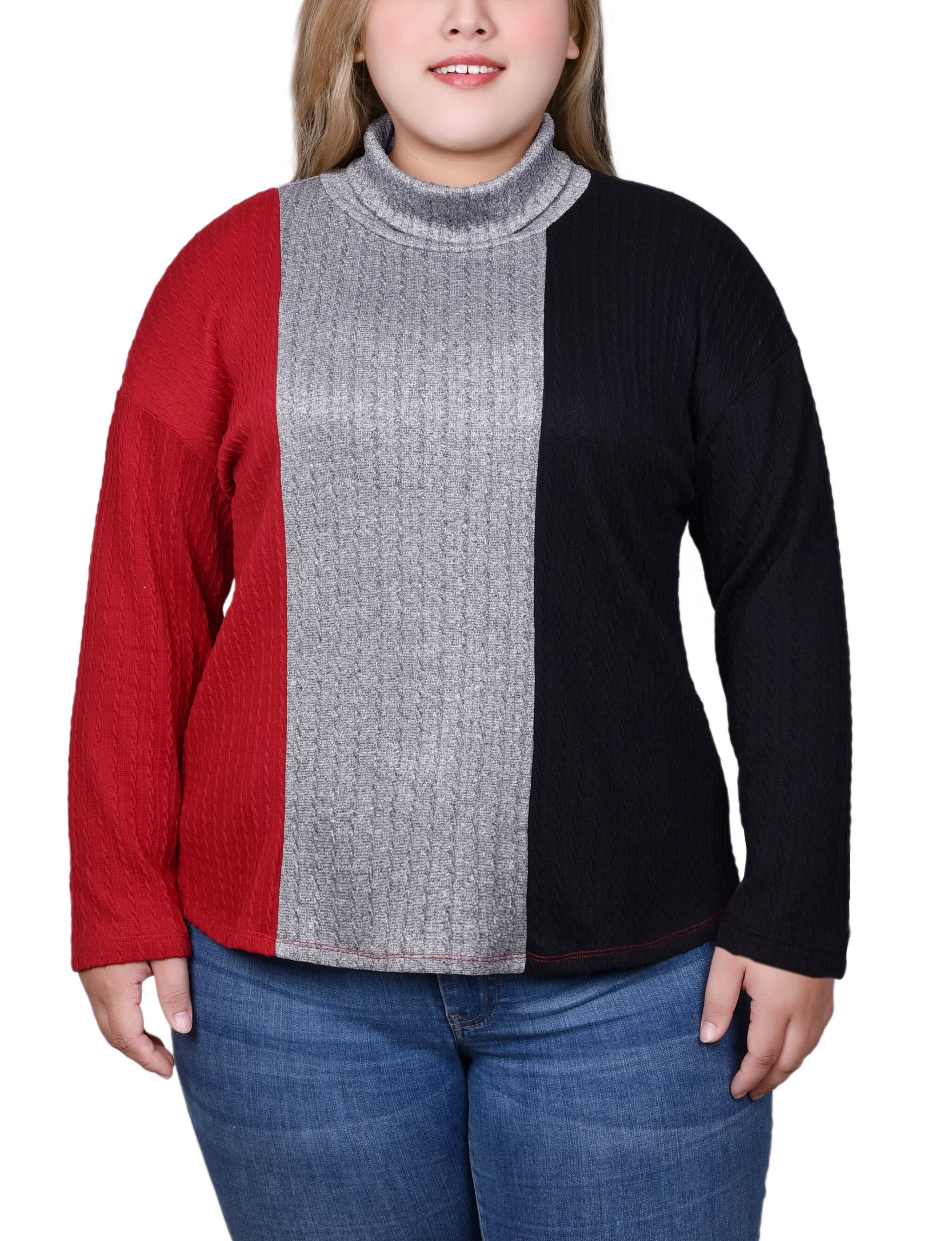 Long Sleeve Colorblocked Top, Black Charcoal Red, hi-res image number 0