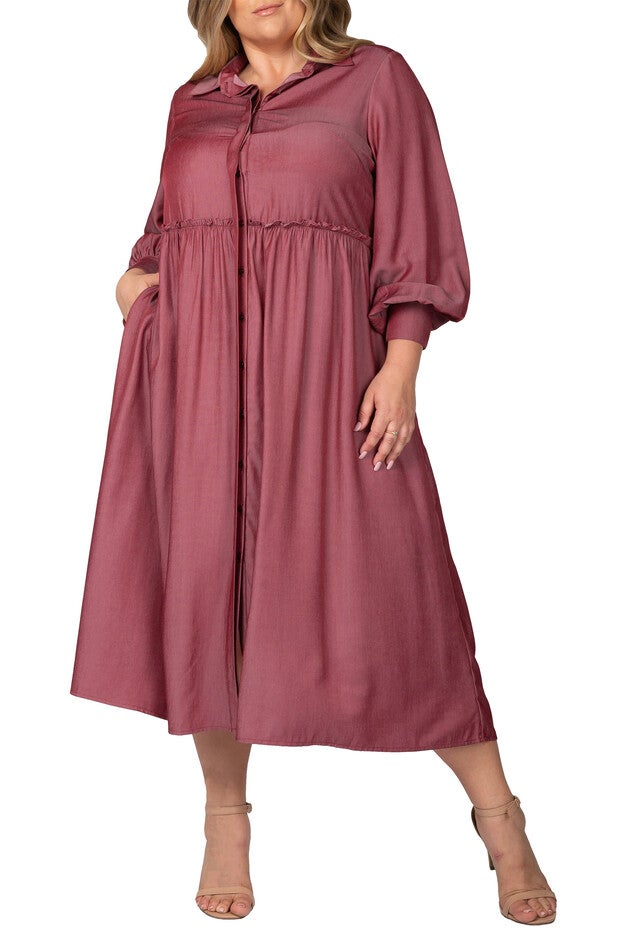 Women's Plus Size Button Front Shirt Dress With Cuffed Balloon Sleeves, Merlot, hi-res image number null