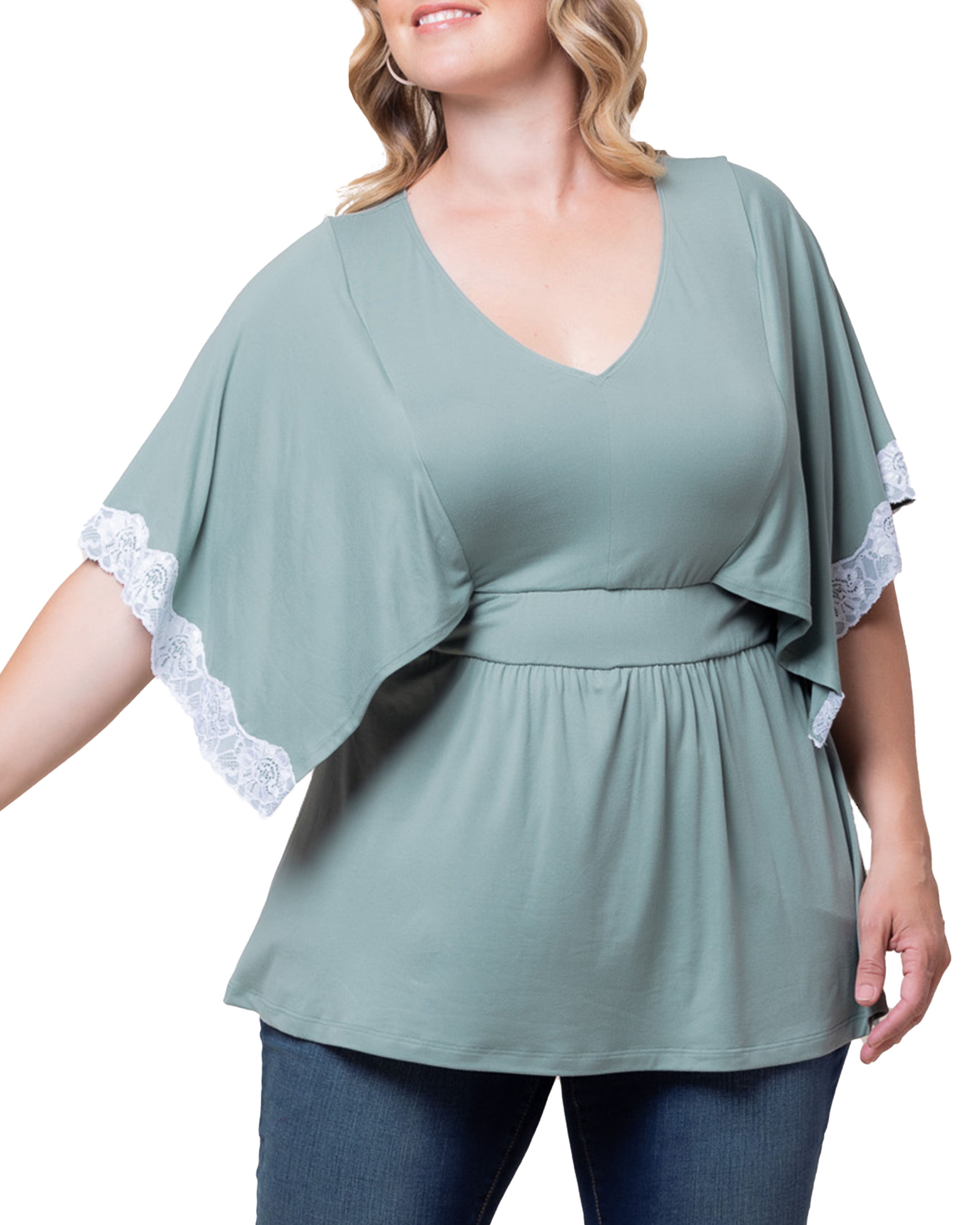 Sarah Lace Trim V-Neck Top, THYME / Sage Green, alternate image number 2