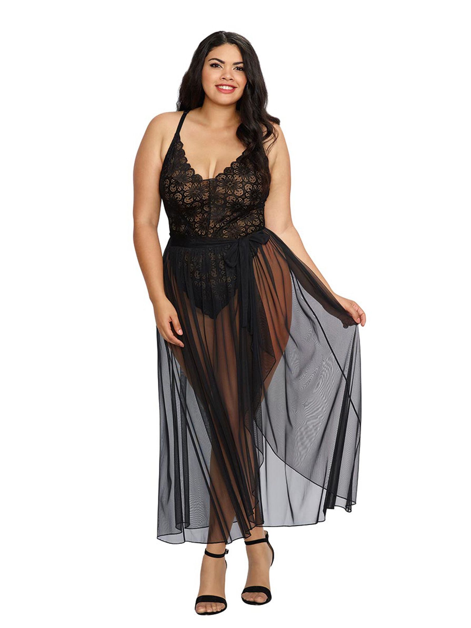 Mosaic Lace Teddy Bodysuit and Skirt Set, Black, hi-res image number 0