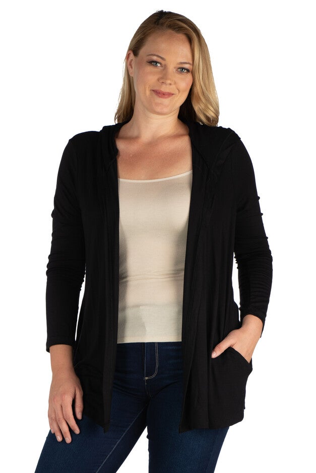 Open Front Lightweight Hooded Plus Size Cardigan, Black, hi-res image number 0