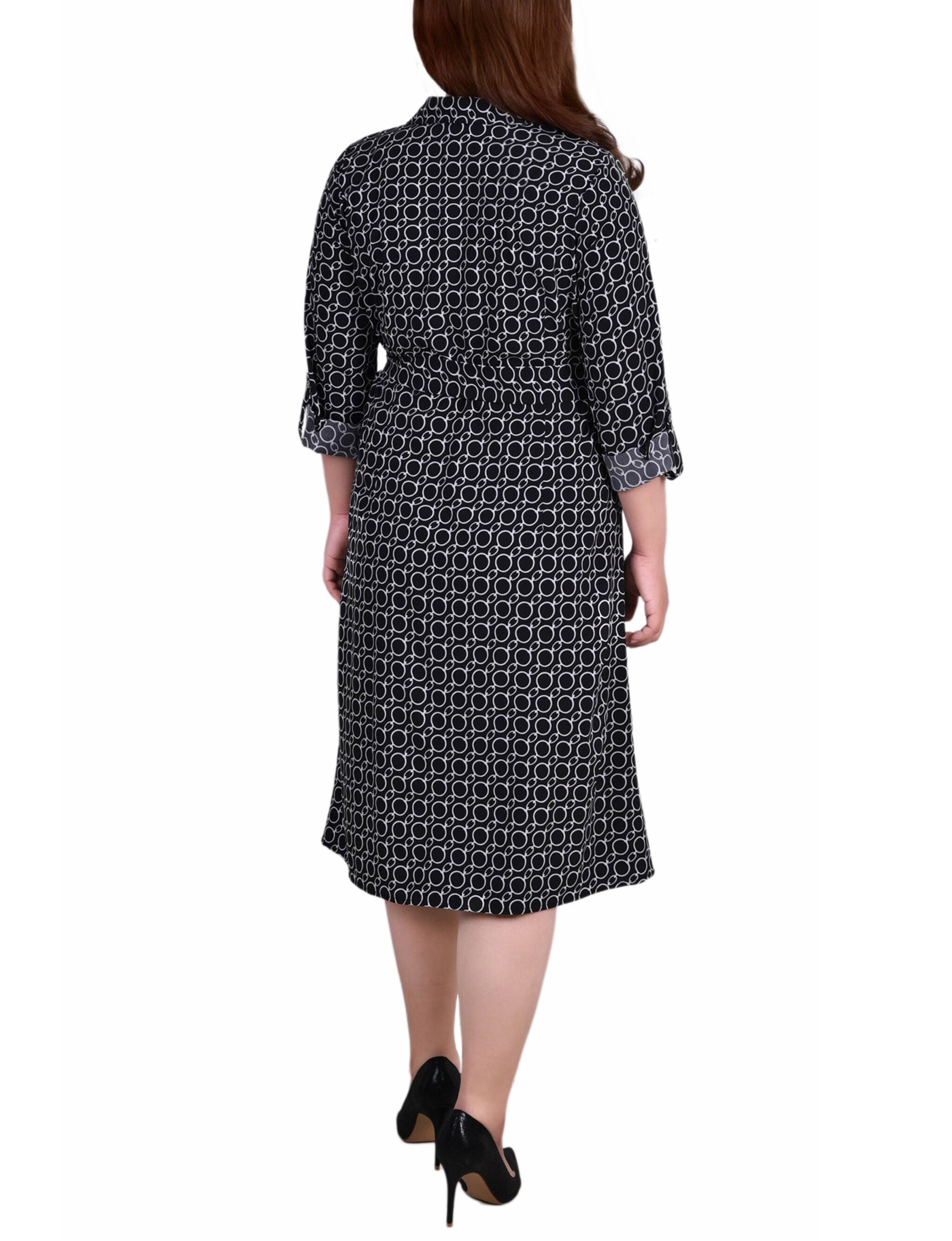 3/4 Roll Tab Sleeve Belted Shirtdress, Black White Circle Chain, alternate image number 2