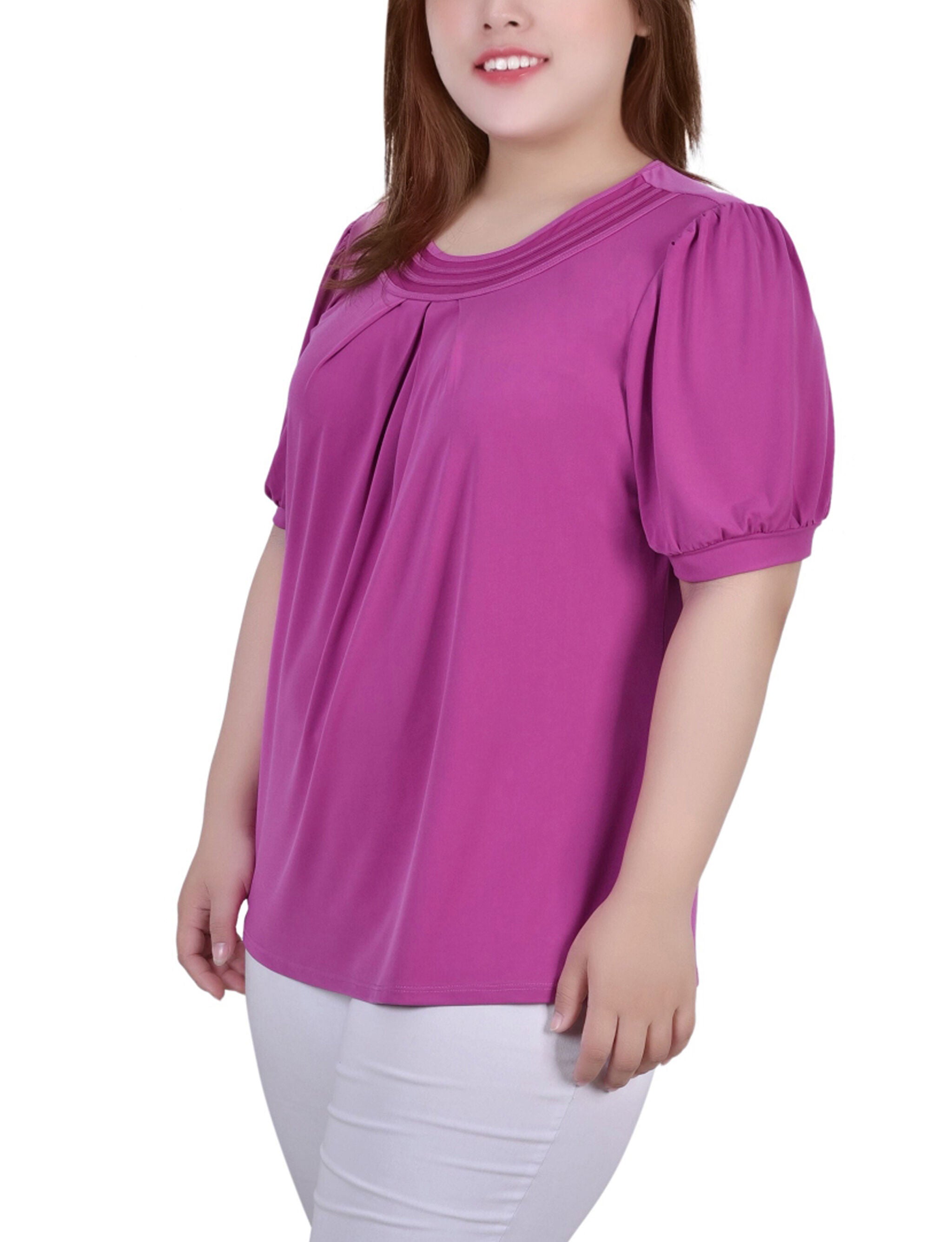 Short Sleeve Mesh Inset Top, Magenta, alternate image number 1
