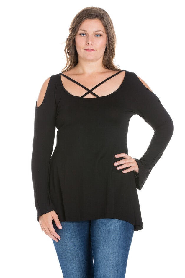 Long Sleeve Plus Size Criss Cross Cold Shoulder Top, Black, hi-res image number null