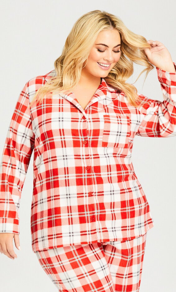 Button Check Fleece Sleep Top - red check, Red, hi-res image number 0