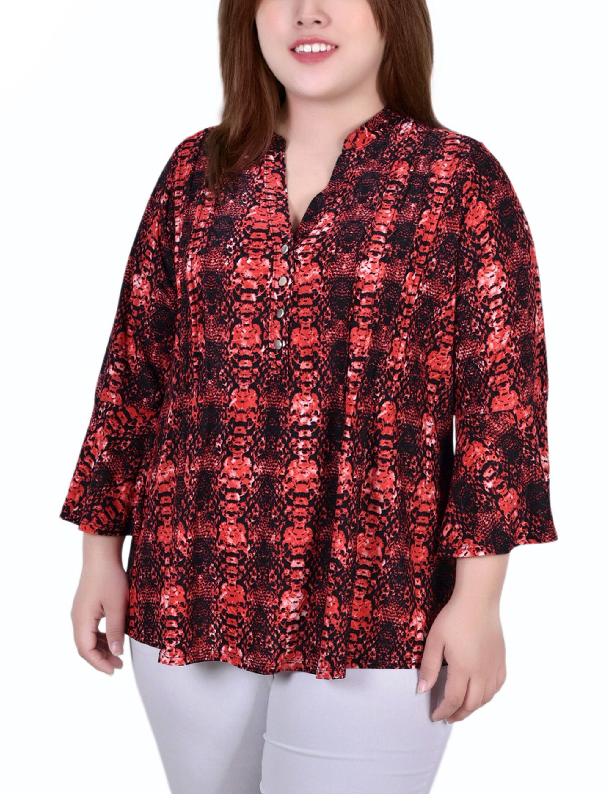 3/4 Bell Sleeve Pleat Front Y Neck Top, Berry Plaid, hi-res image number 0