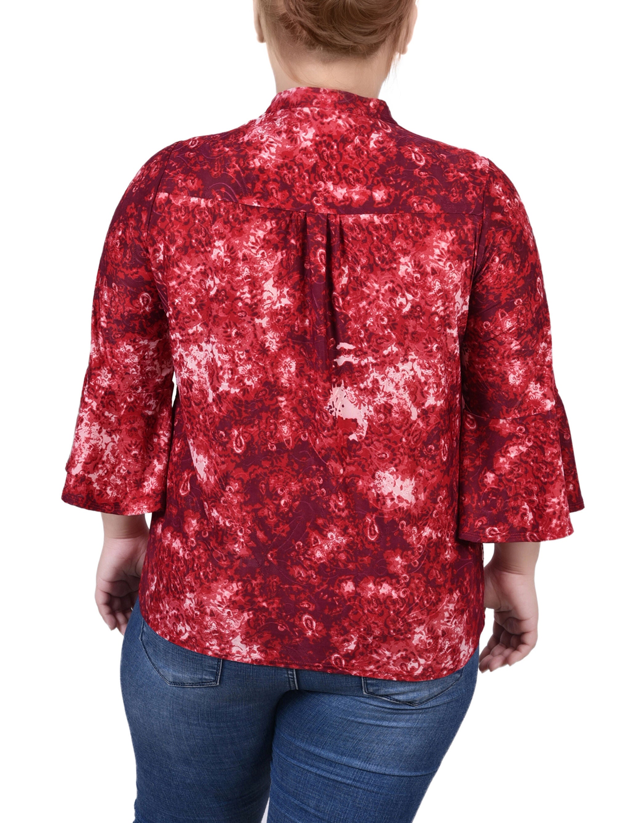 3/4 Sleeve Overlapped Bell Sleeve Y Neck Top, Black Red Geobreeze, alternate image number 2