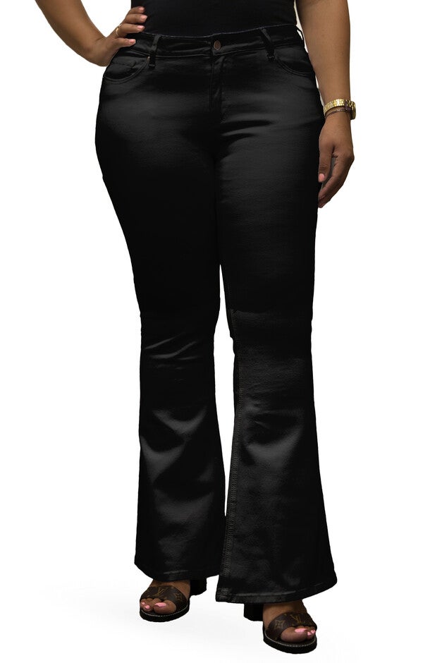 Plus Size Women's Curvy Fit Stretch Denim Distressed Flare Jeans, OD Black, hi-res image number null