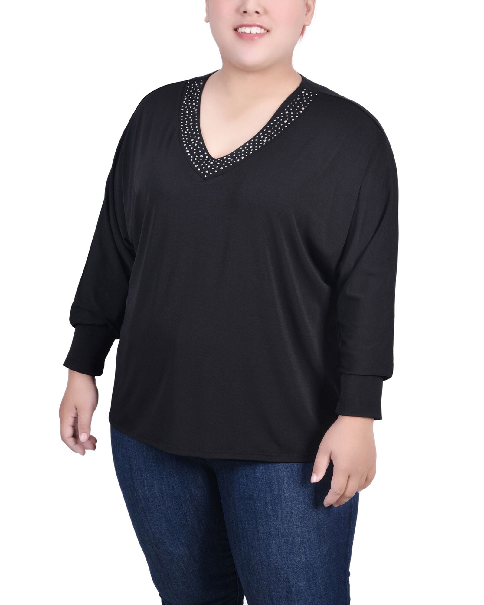 Long Sleeve Studded Top, Black, hi-res image number 0