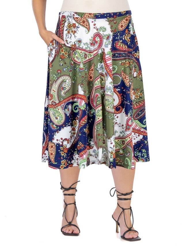 Paisley Print Pleated Plus Size Pocket Midi Skirt, MultiColor, hi-res image number null