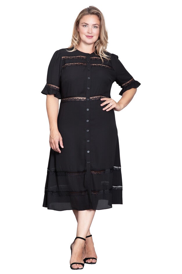 Lace Detailing Trim Dress, Black / Black, alternate image number null