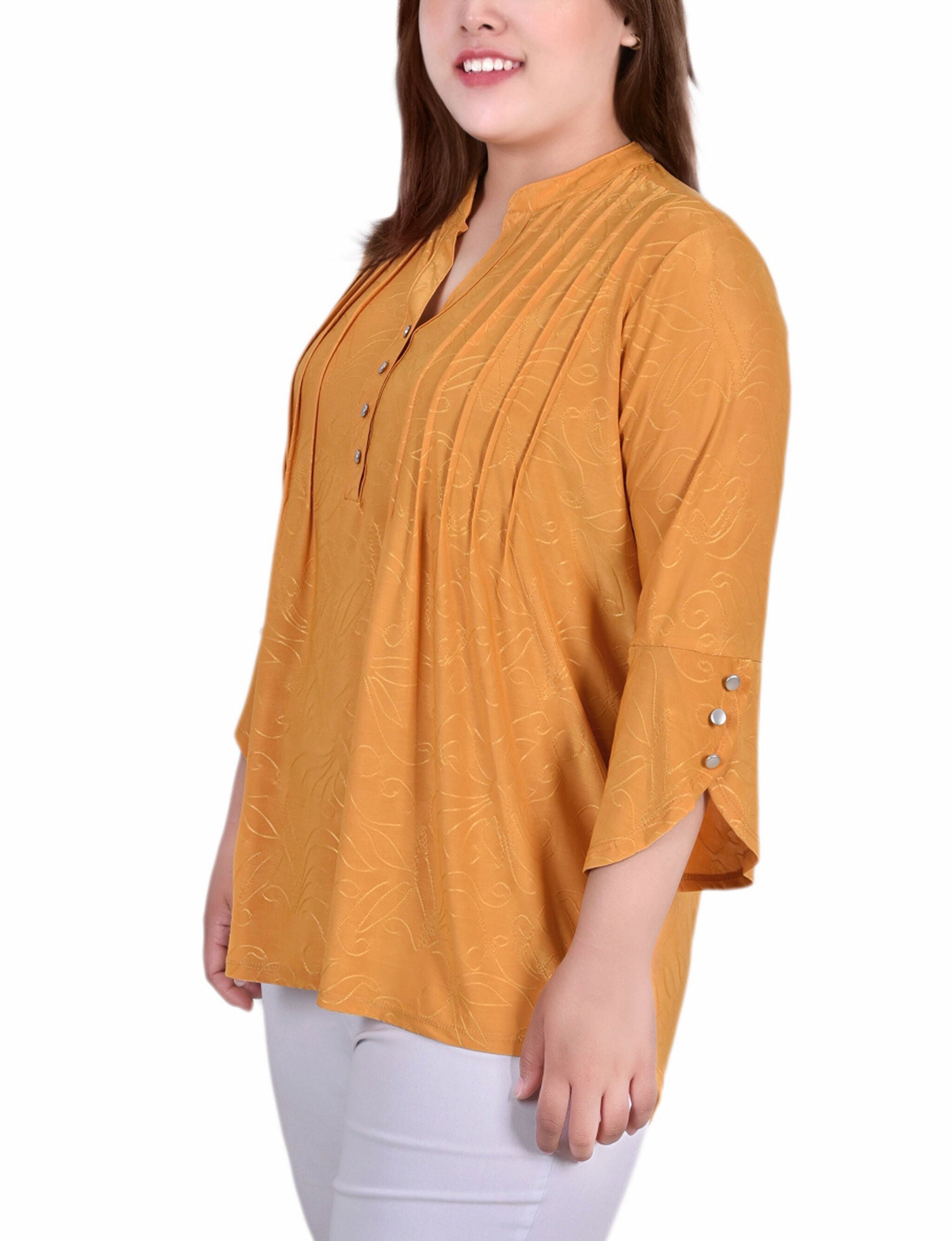 3/4 Sleeve Overlapped Bell Sleeve Y Neck Top, Deep Gold Sakadotduo, alternate image number 2