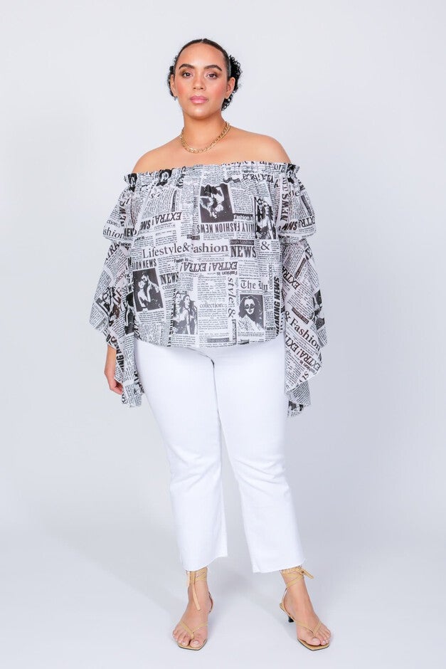 Newspaper Print Brittney Off The Shoulder Bell Sleeve Top, Newspaper Print, hi-res image number null