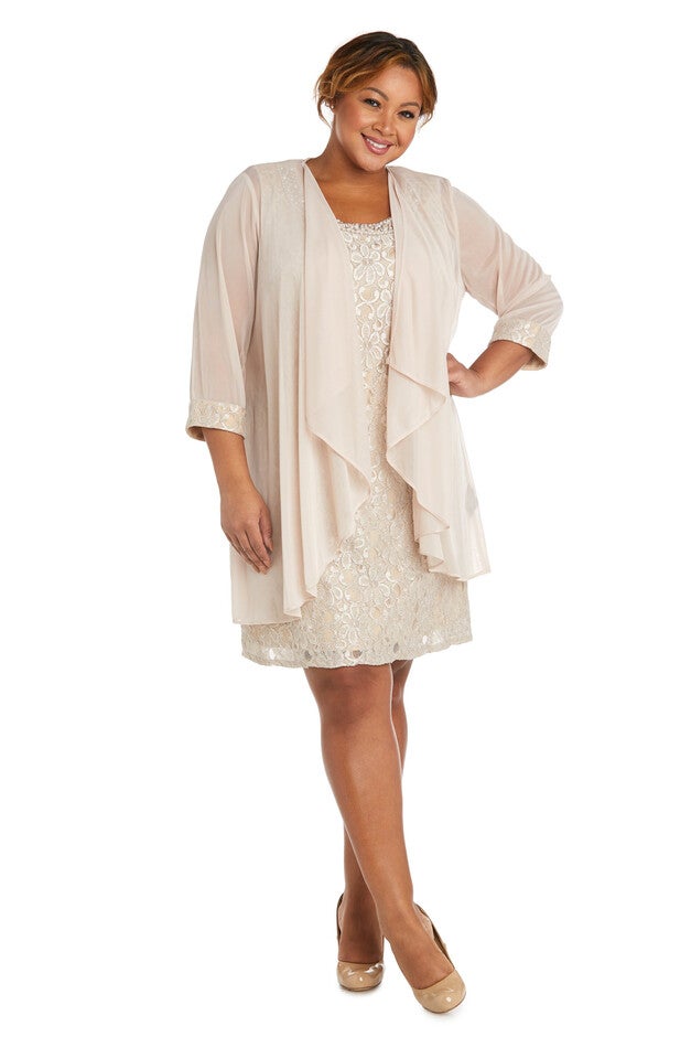 Lace Shift and Sheer Jacket Set with Pearl Embellishments, IvoryTaupe, hi-res image number null
