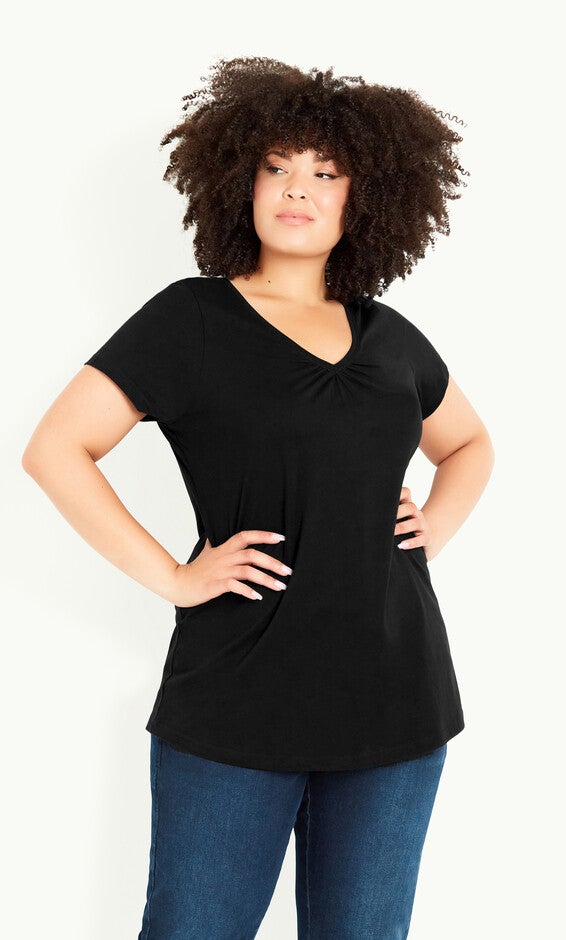 Cotton Gather V Top - black, Black, hi-res image number 0