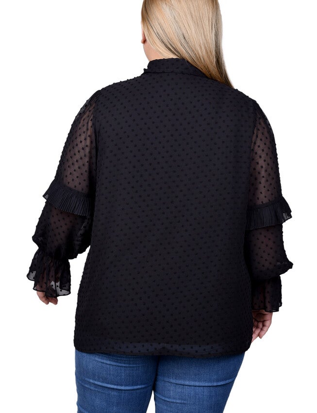 Long Sleeve Dotted Chiffon Blouse, Black, alternate image number 2