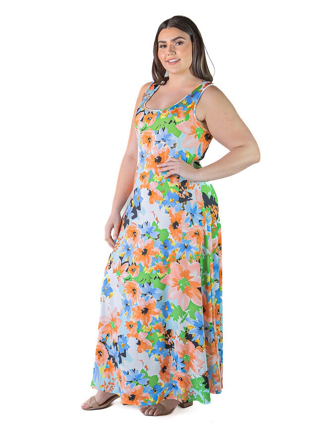 Plus Size Watercolor Floral Sleeveless Loose Long Casual Maxi Dress, , alternate image number 2