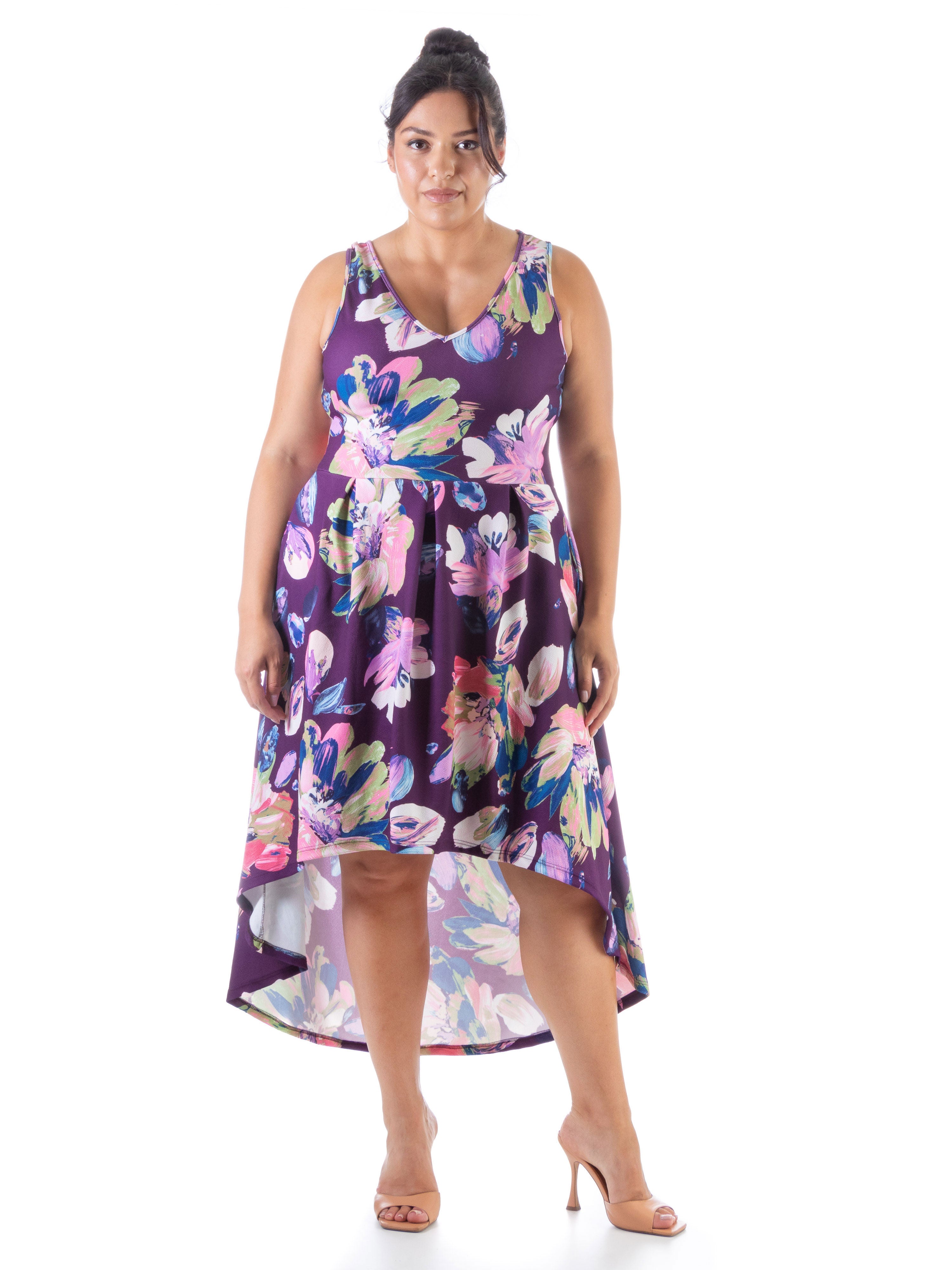 Purple Sleeveless Pleated High Low Plus Size Pocket Dress, MultiColor, hi-res image number 0