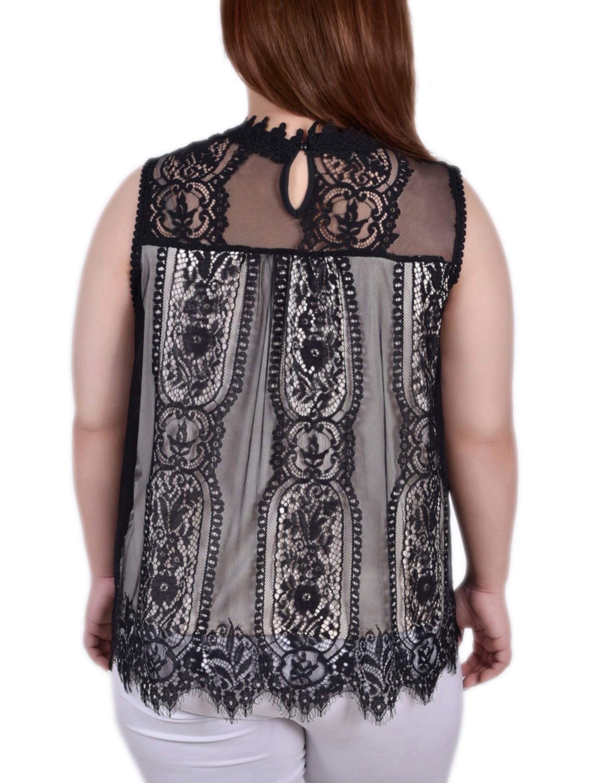 Sleeveless Mock Neck Lace Top, Black Nude, alternate image number 2