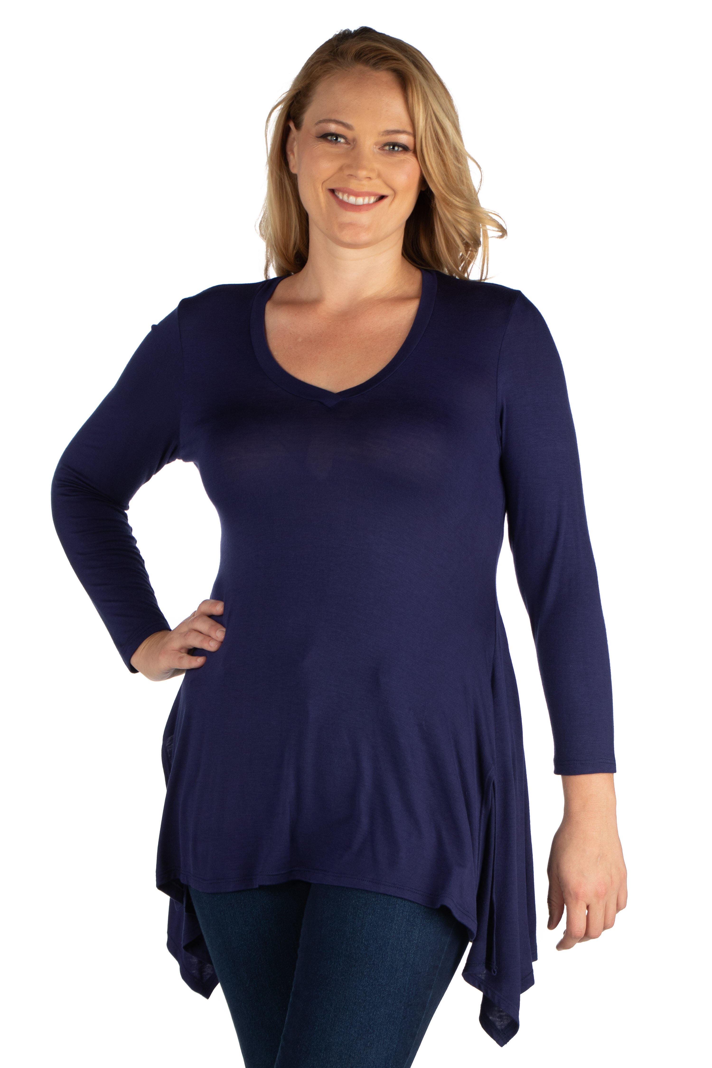 Long Sleeve Split Hemline Plus Size Tunic Top, Navy, hi-res image number 0