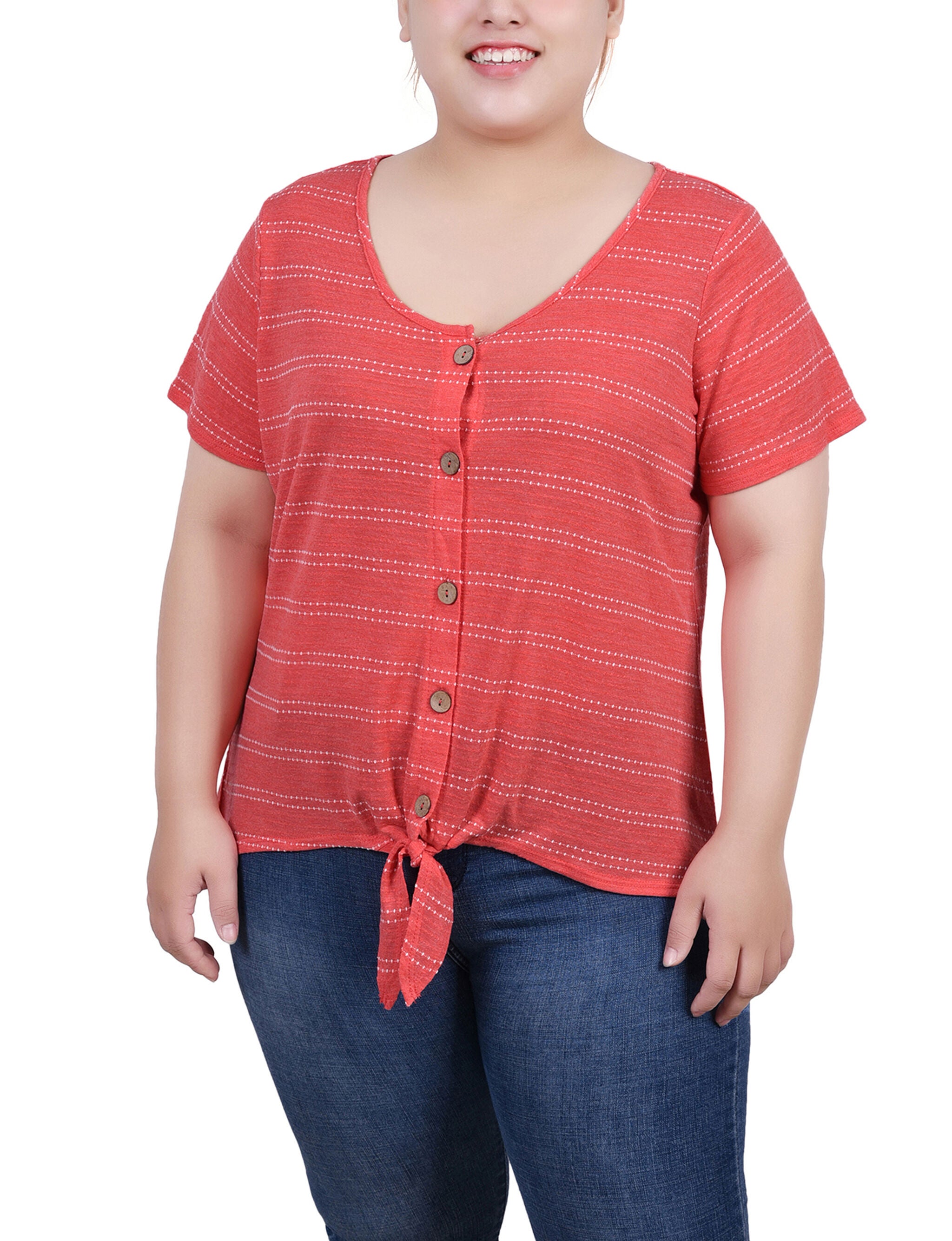 Short Sleeve Tie Front Top, Red, hi-res image number 0