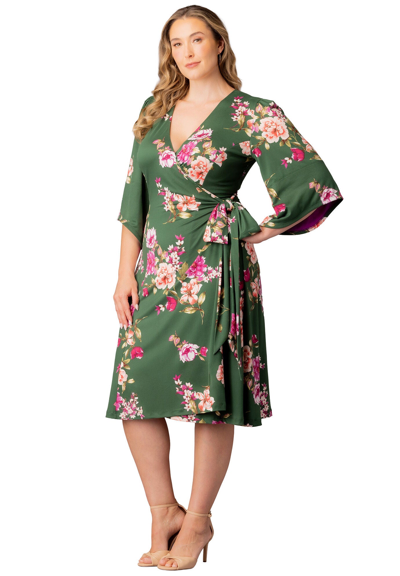 Gemini Wrap Dress, Green Floral Print / Forest Green, alternate image number 3