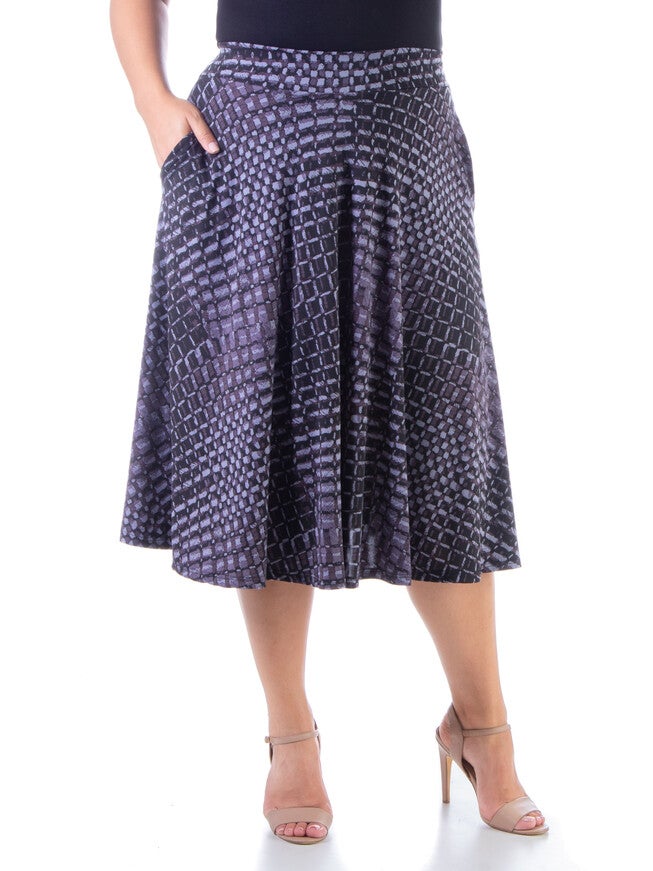 Grey Blue Pleated Plus Size Pocket Midi Skirt, MultiColor, hi-res image number null
