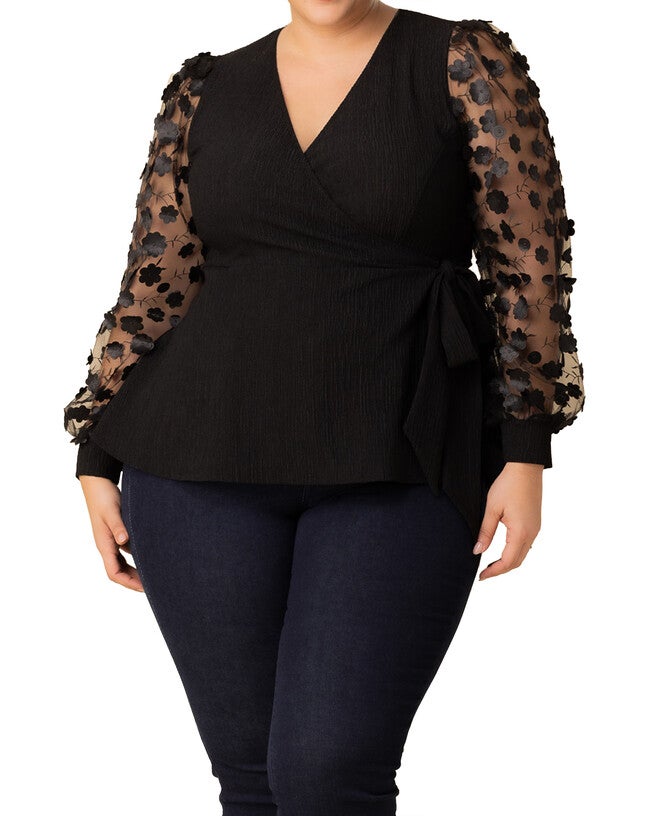 Scattered Petals Long Sleeve Wrap Top, ONYX BLOSSOMS / Black, hi-res image number 0
