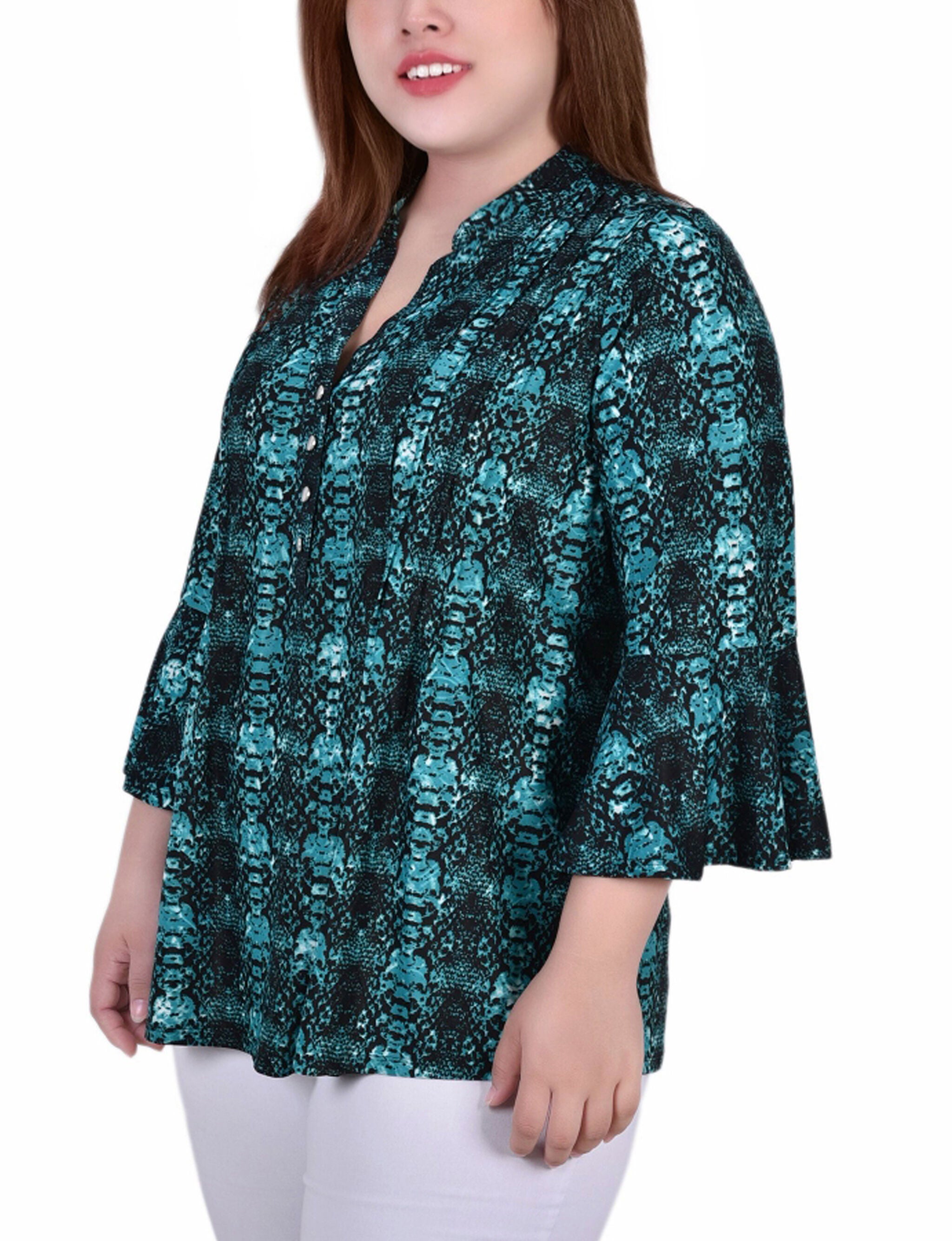 3/4 Bell Sleeve Pleat Front Y Neck Top, Teal Plaid, alternate image number 1