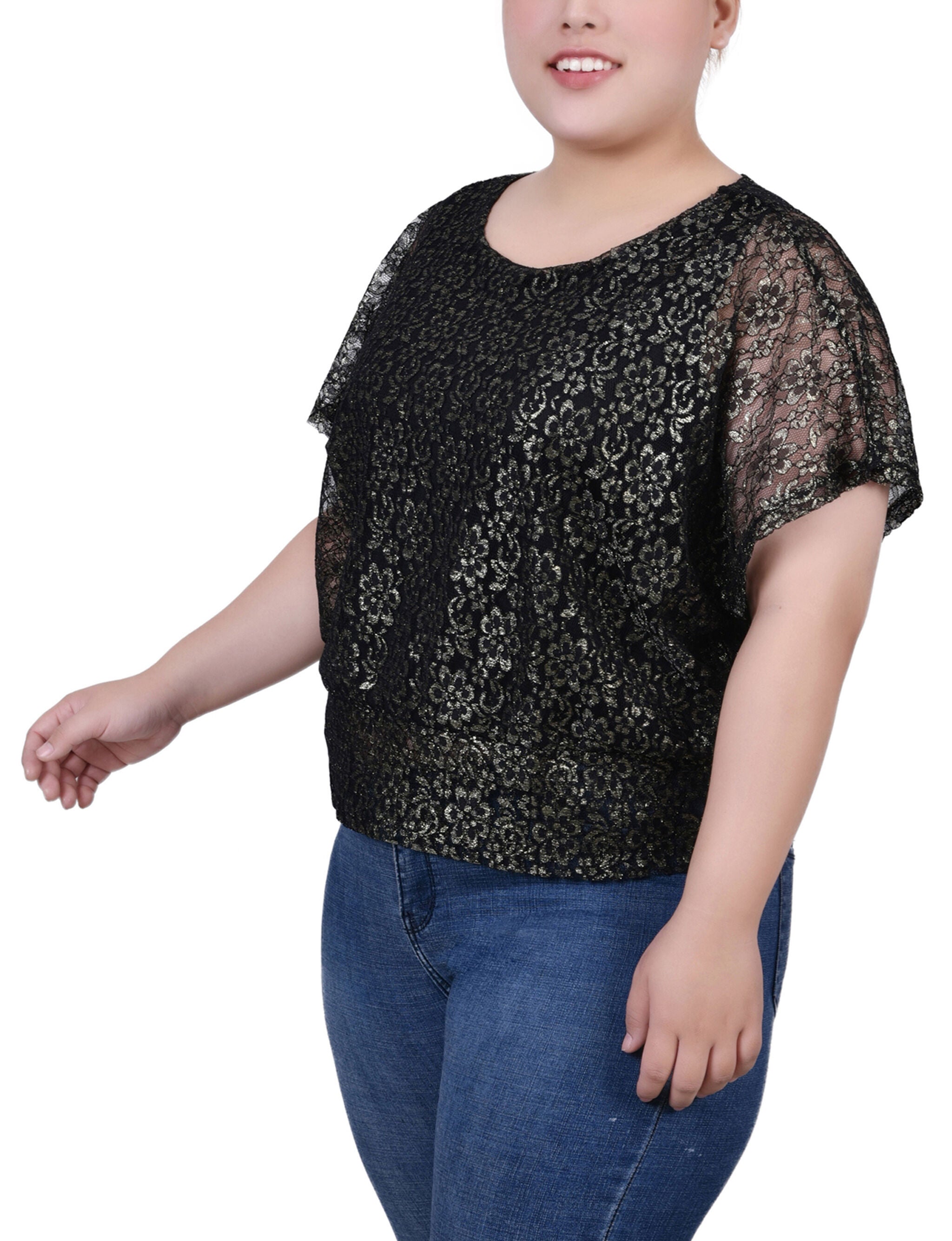 Foil Lace Poncho With Smocked Waist, Gold Black, alternate image number 1