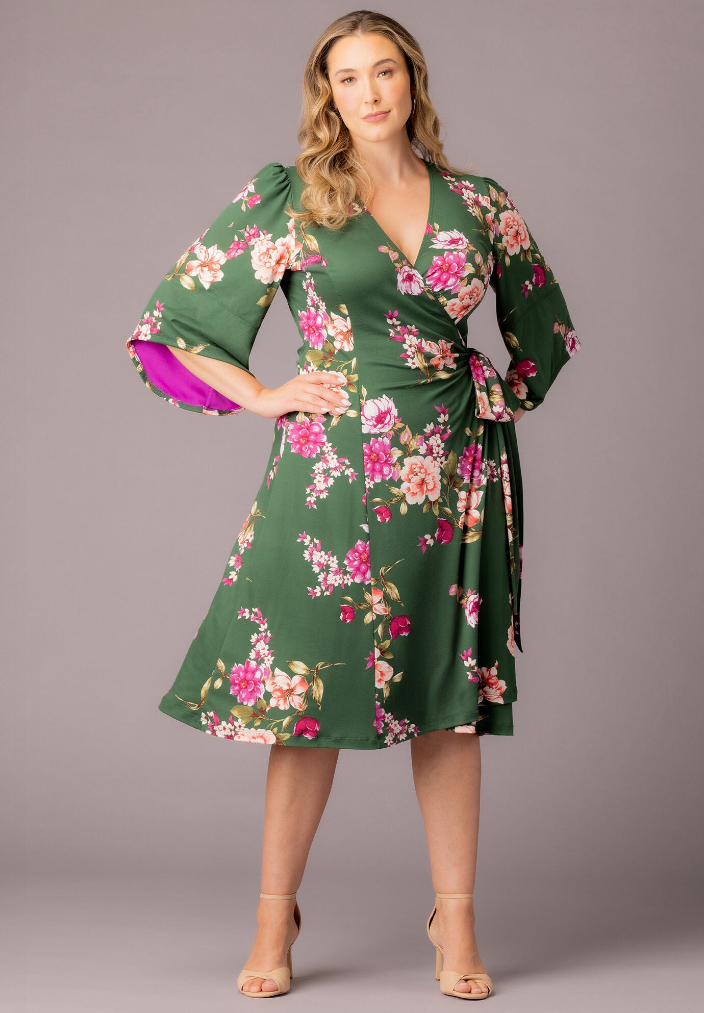 Gemini Wrap Dress, Green Floral Print / Forest Green, alternate image number 5